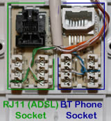 RJ11 ADSL and Phone Extension Wiring shown upside-down so pin numbers are right-way-up