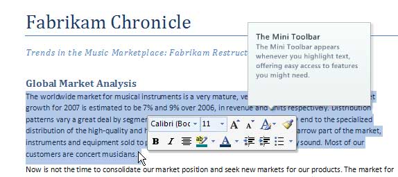 The mini toolbar, cut from the online demo