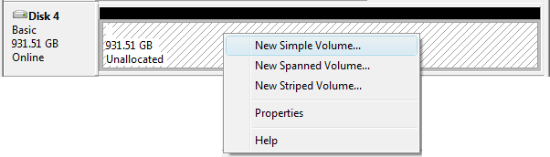 The New Volume context menu